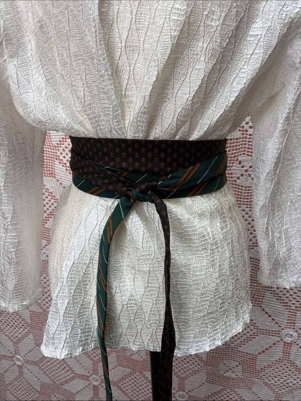 Upcycled Necktie Wrap Belt Green Brown Boho - Picture 5 of 5